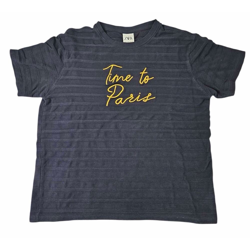 ZARA Navy Blue Men’s Textured T-Shirt Size Small “Time to Paris” Embroidered Tee